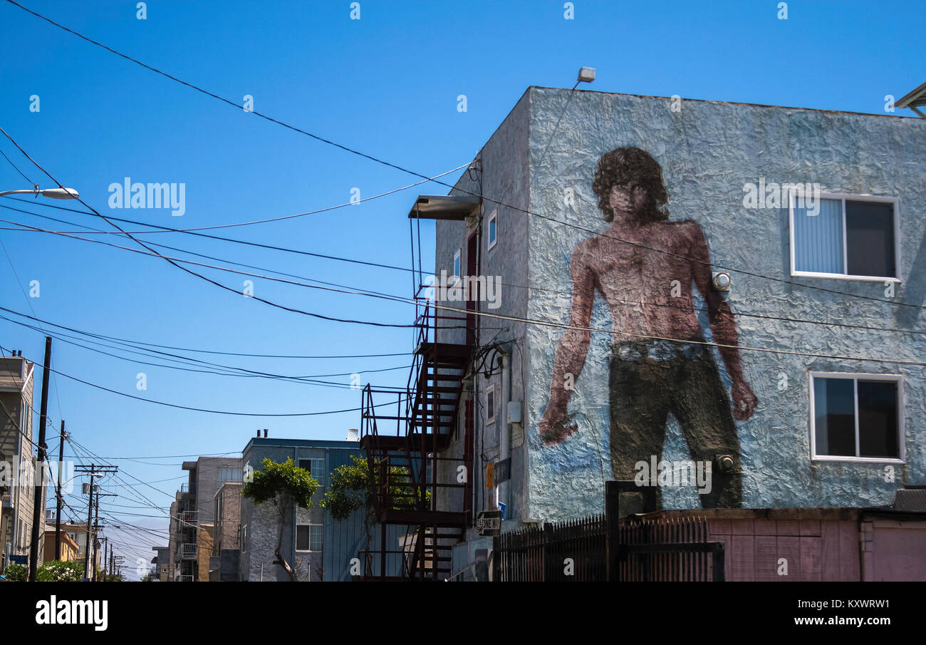 Mural artwork representing the famous frontman of the american band The Doors Jim Morrison in Venice Beach by the artist Rip Cronk, Los Angeles, USA. Stock Photo