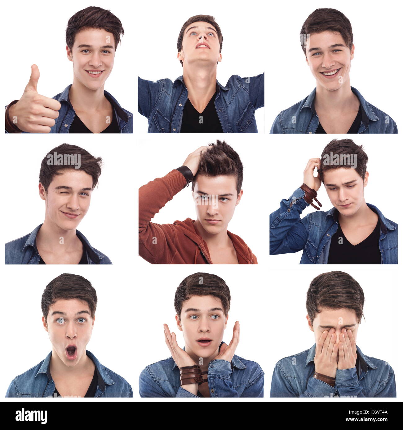 Mosaic of young man multiple expressions images on white background. Mixed emotions poster. Stock Photo