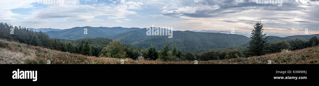 wild Biesczady mountains panorama with mountain meadow and hills covered by deep forests from Fereczata hill in southeastern Poland near borders with  Stock Photo
