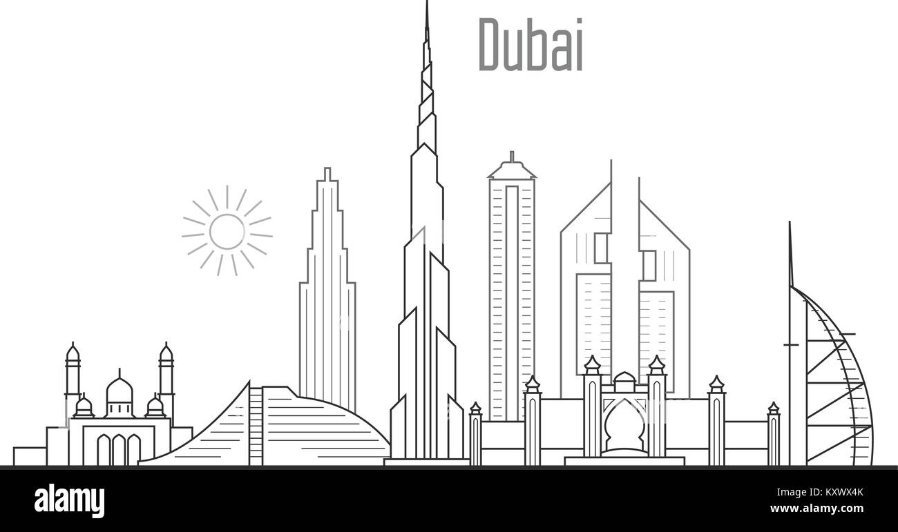 Dubai city skyline - towers and landmarks cityscape in liner style Stock Vector