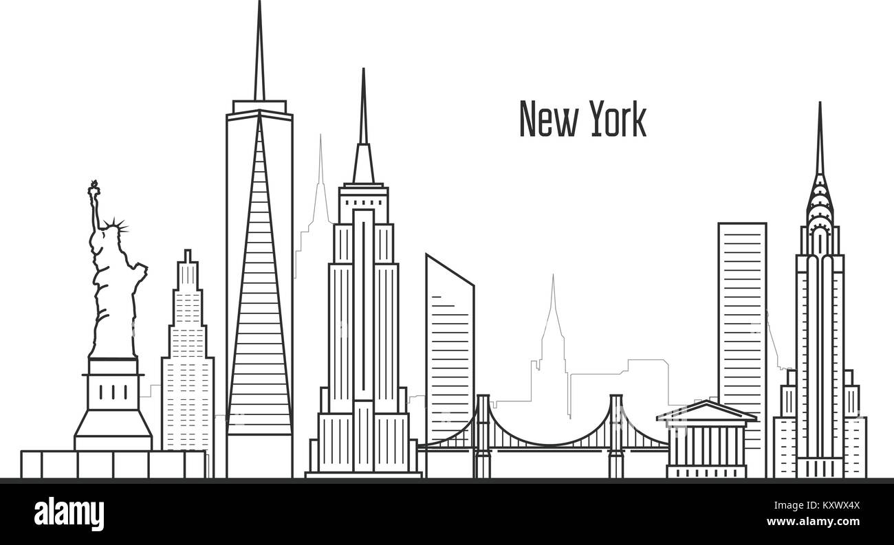 New York city skyline - Manhatten cityscape, towers and landmarks in liner style Stock Vector