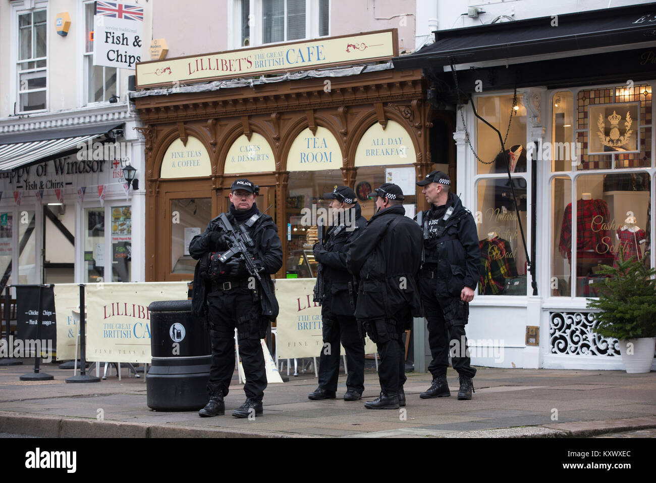 Armed police at Windsor town centre, where Prince Harry and Megan Merkle will marry at St George's Chapel within Windsor Castle, Berkshire, England UK Stock Photo