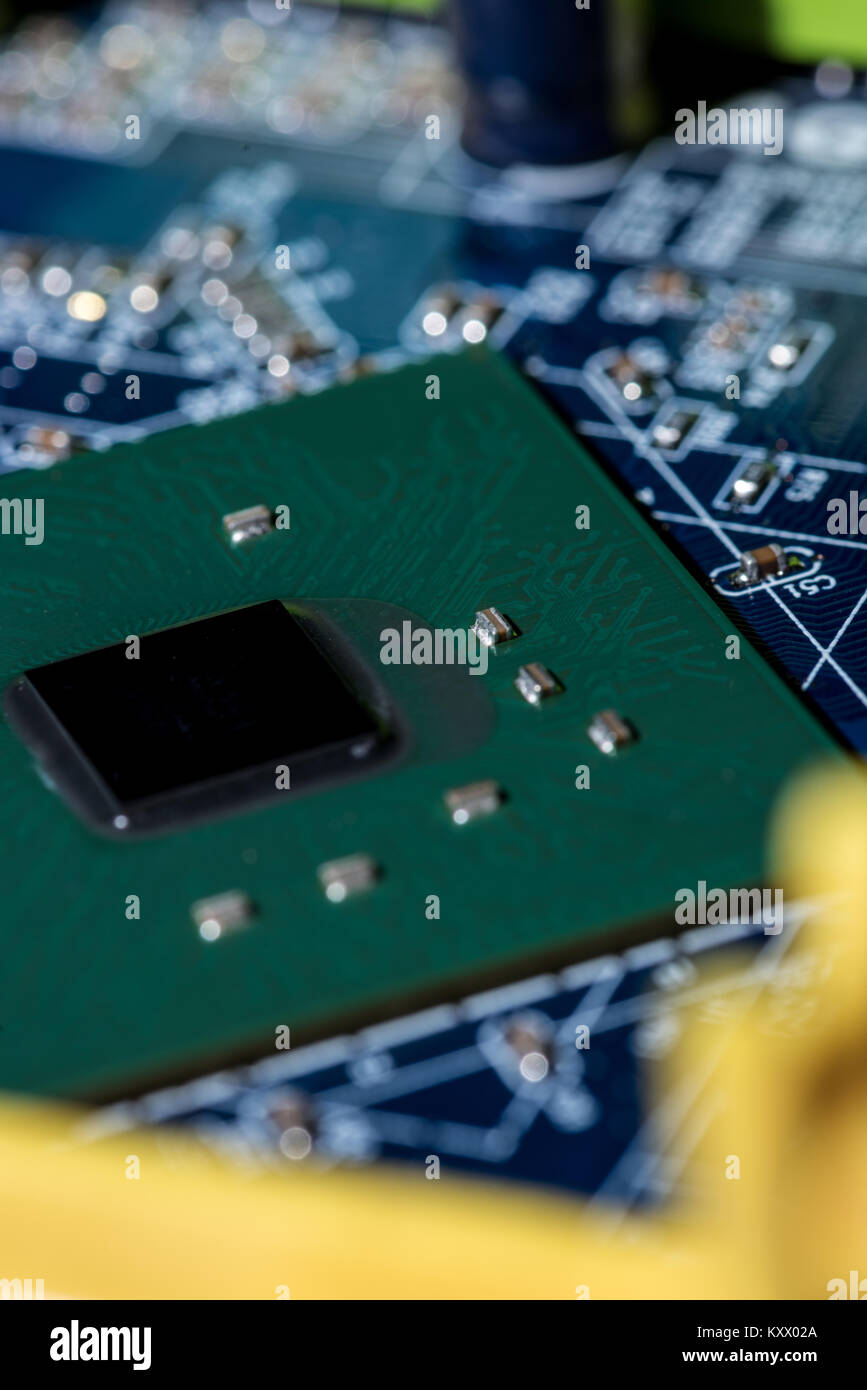 selective focus of computer motherboard chip and other details Stock ...