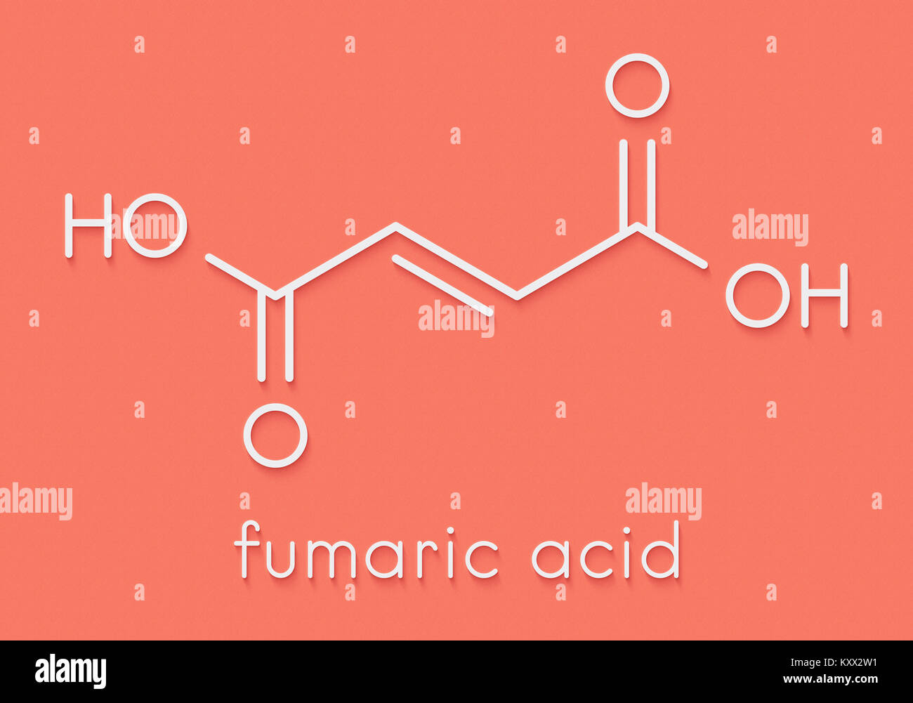 Fumaric acid molecule. Found in bolete mushrooms, lichen and iceland moss and used as food additive. Skeletal formula. Stock Photo