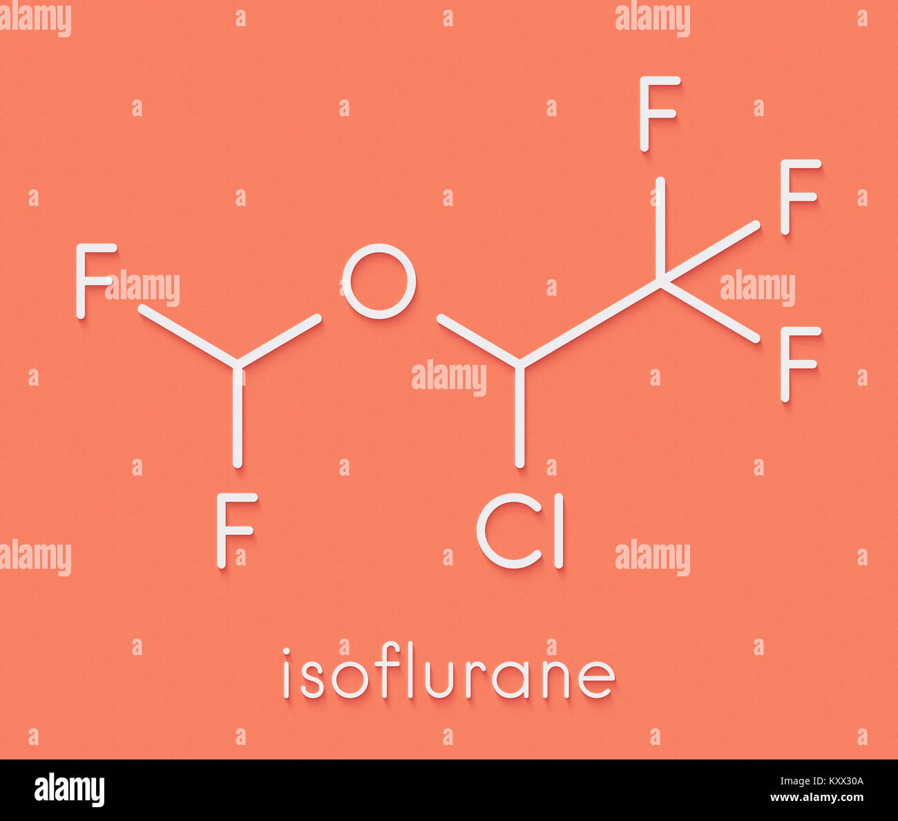 Isoflurane anesthetic drug molecule. Used for inhalational anesthesia during surgery. Skeletal formula. Stock Photo