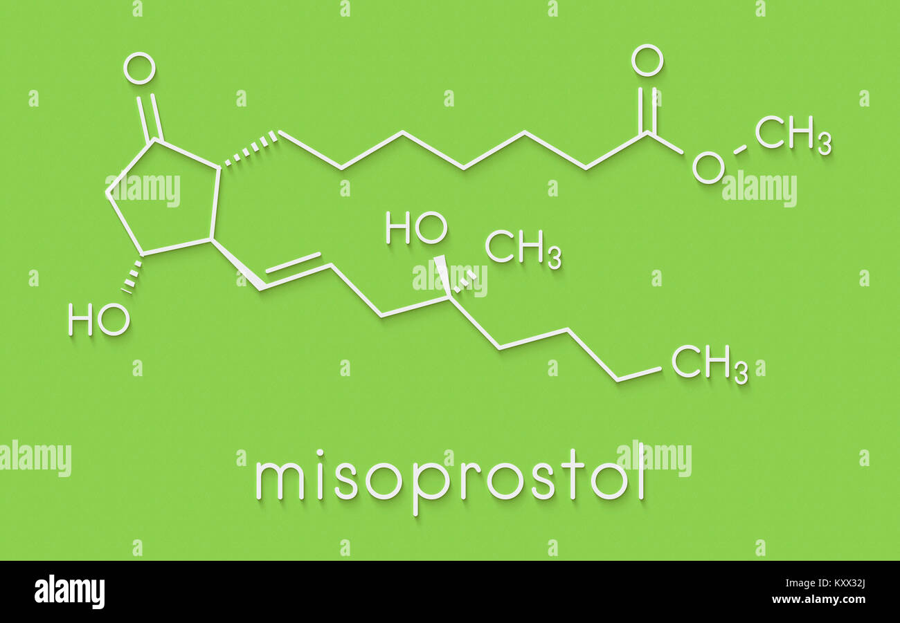 Misoprostol abortion inducing drug molecule. Prostaglandin E1 (PGE1) analogue also used to treat missed miscarriage, induce labor, etc. Skeletal formu Stock Photo