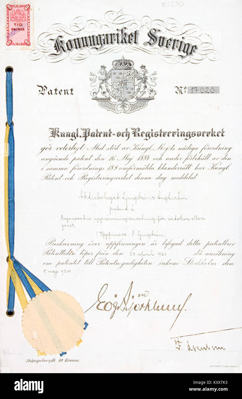 Fredrik Ljungström patent diploma 57020 preheater 1920 Stock Photo