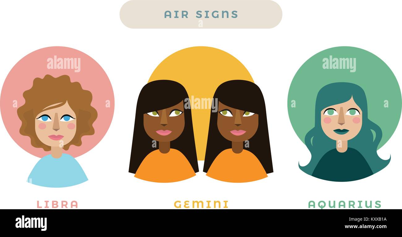 Female characters astrology signs vector icons air signs set Stock Vector