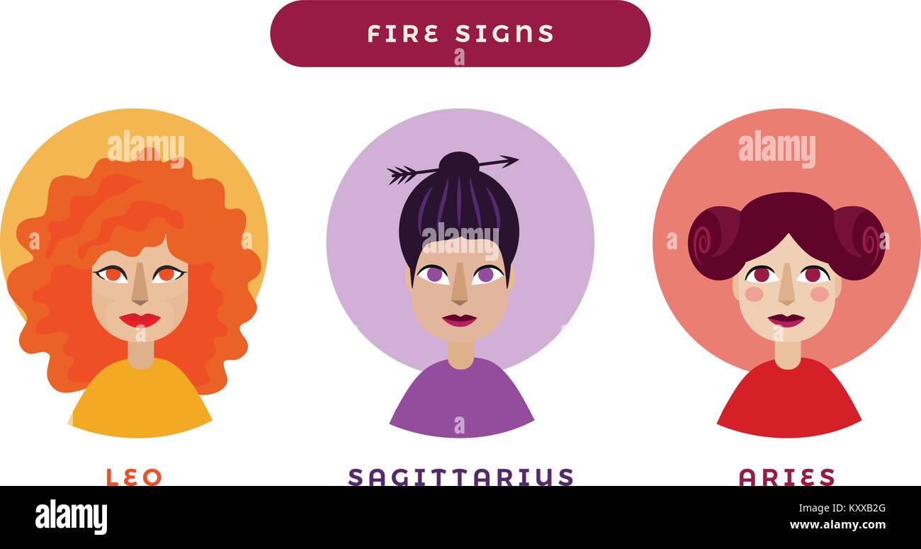Female characters astrology signs vector icons fire signs set Stock Vector