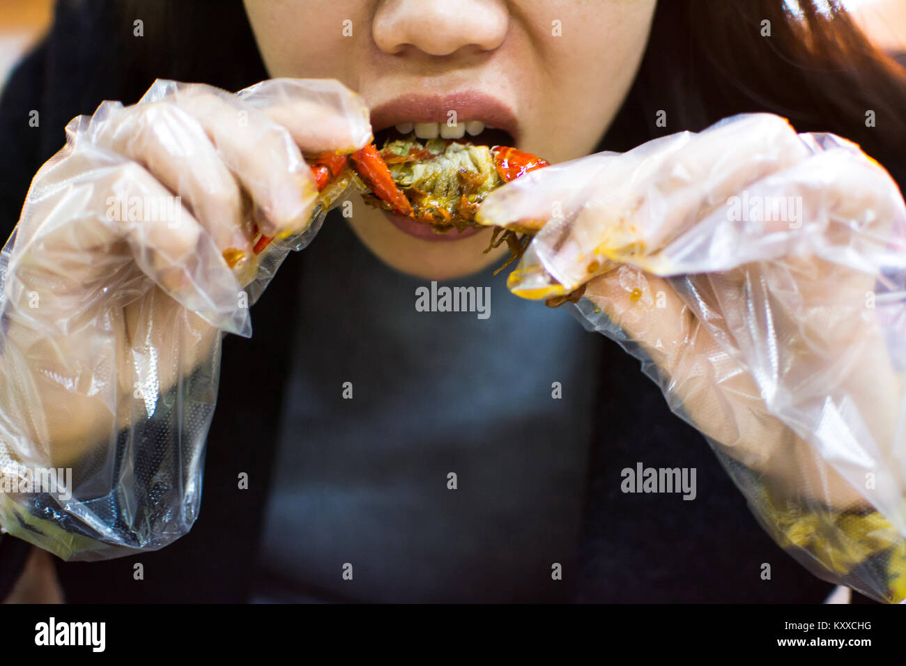 Asian woman eating a crayfish with plastic gloves Stock Photo