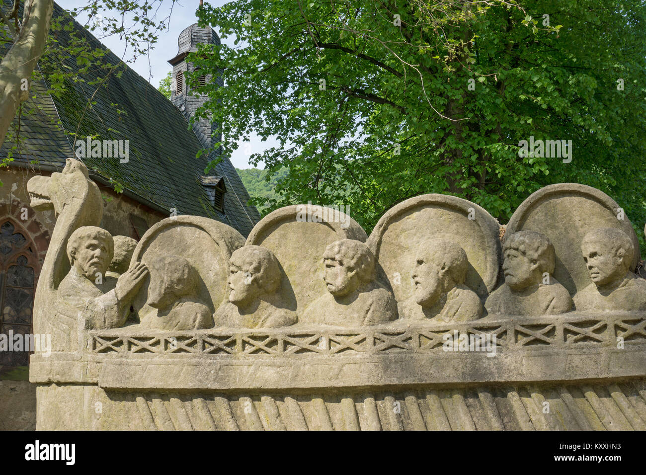 Jolly steerman, stone carving shows roman wine ship, historical find at Neumagen-Dhron, Moselle river, Rhineland-Palatinate, Germany, Europe Stock Photo
