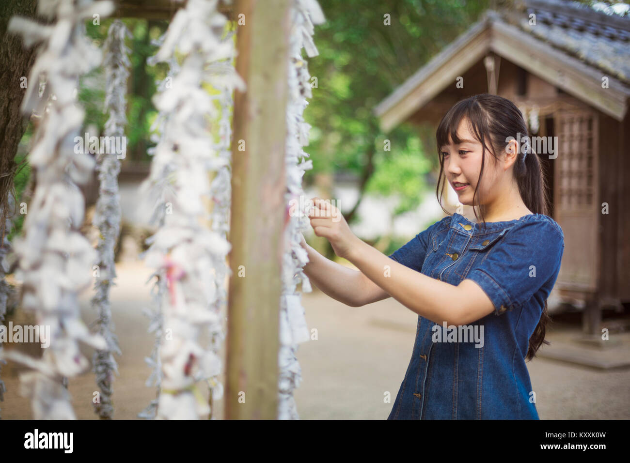 Young woman wearing blue dress tying omikuji fortune telling paper at Shinto Sakurai Shrine, Fukuoka, Japan. Stock Photo