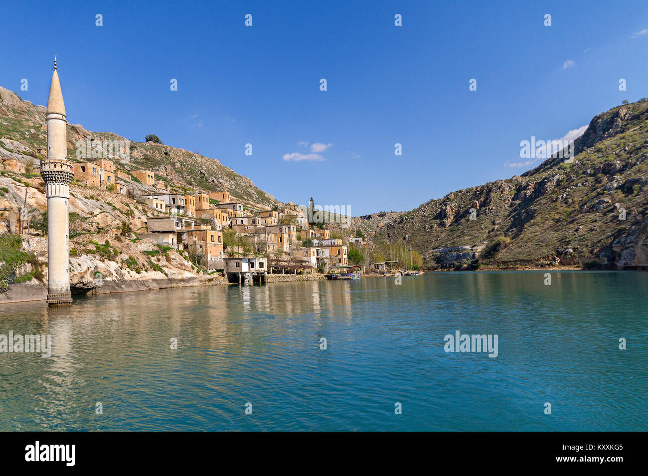 Ruins of the town Halfeti after it remained under the reservoir of a dam built on the River Euphrates, in Sanliurfa, Turkey Stock Photo
