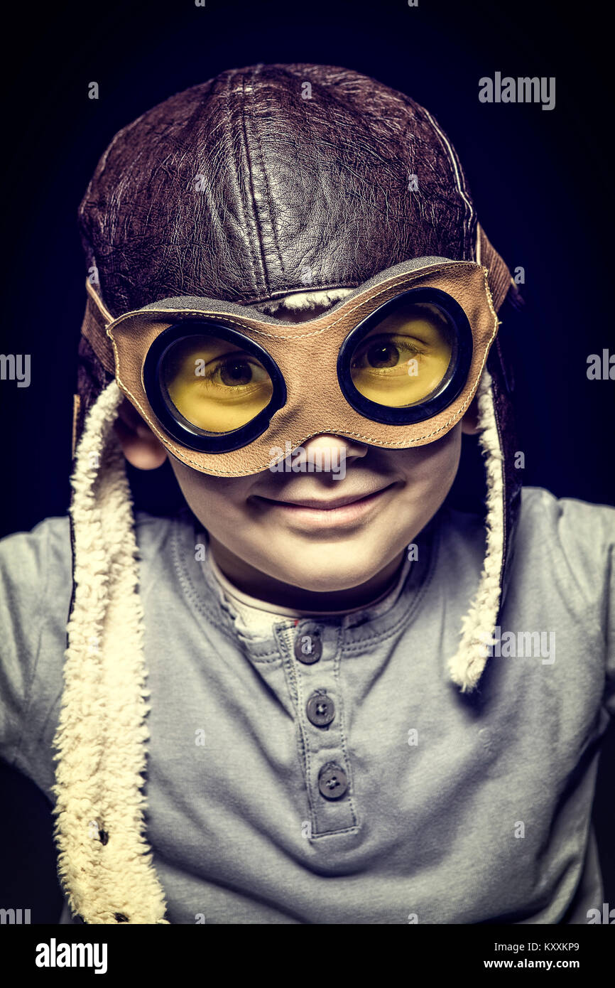 portrait of child with aviator cap Stock Photo
