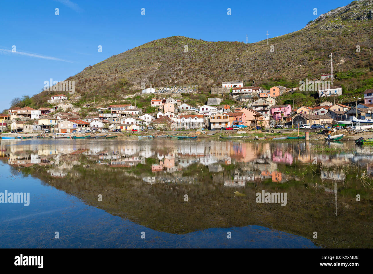 Vranjina village and its reflection in water, in Montenegro. Stock Photo