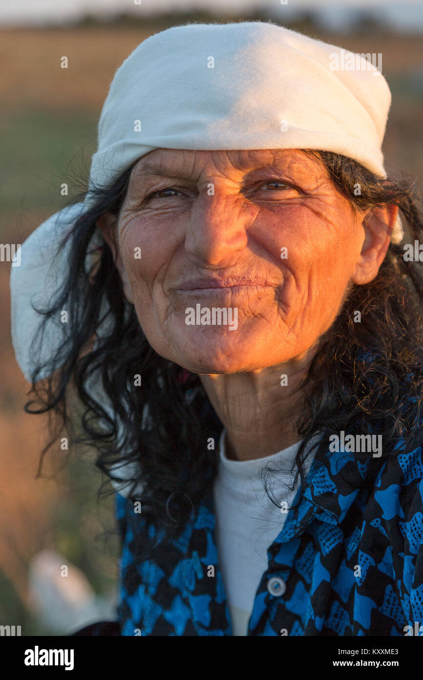 Portrait of Albanian woman, in the countryside. Stock Photo