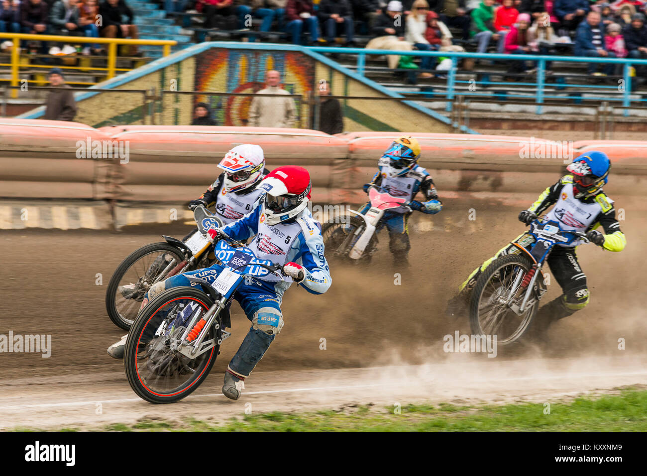 Rivne, Ukraine - 11 October 2015: Unknown riders overcomes the track at the Open Cup Speedway to the day of the city Rivne Stock Photo