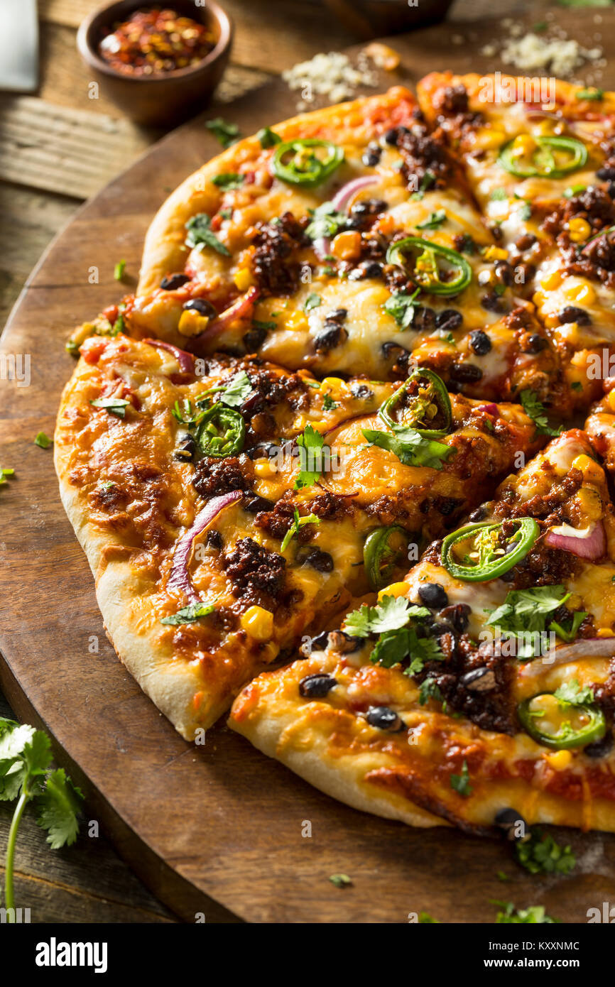 Homemade Spicy Mexican Taco PIzza with Cilantro and Chorizo Stock Photo ...