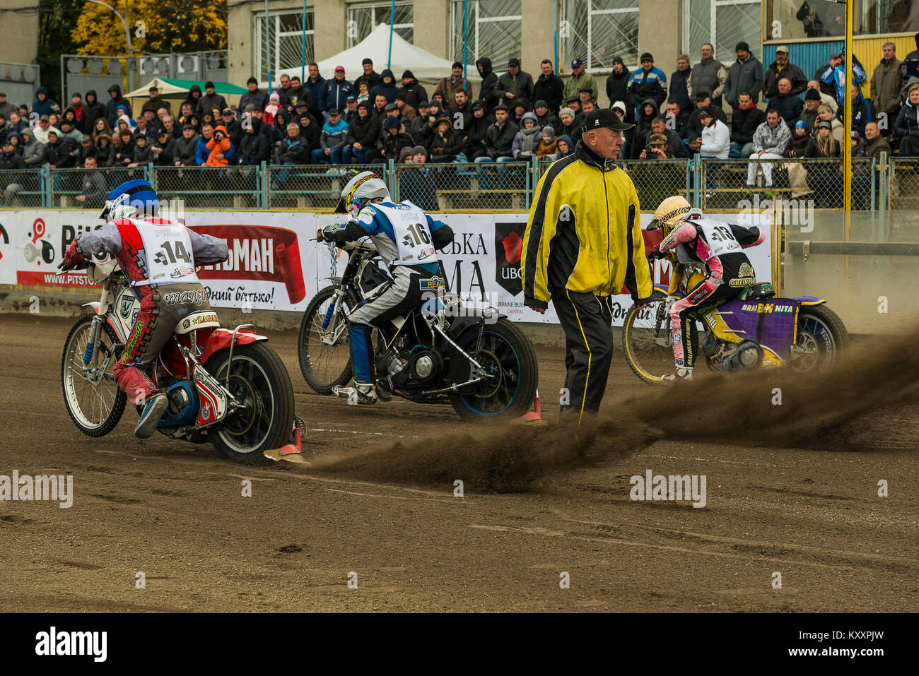 Rivne, Ukraine - 11 October 2015: Unknown riders at the start at the Open Cup Speedway to the day of the city Rivne Stock Photo