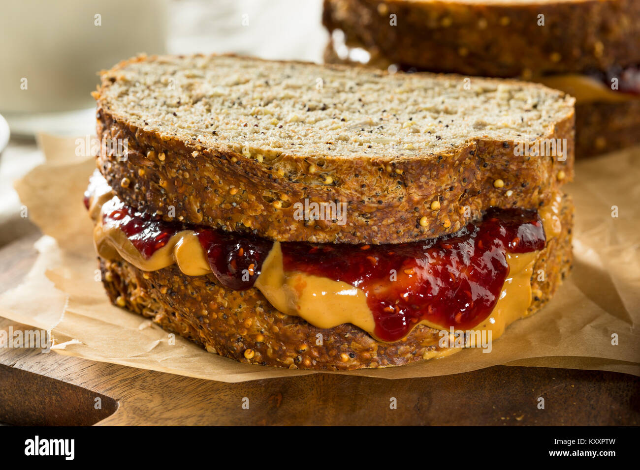 Sweet Homemade Gourmet Peanut Butter and Jelly Sandwich for Lunch Stock