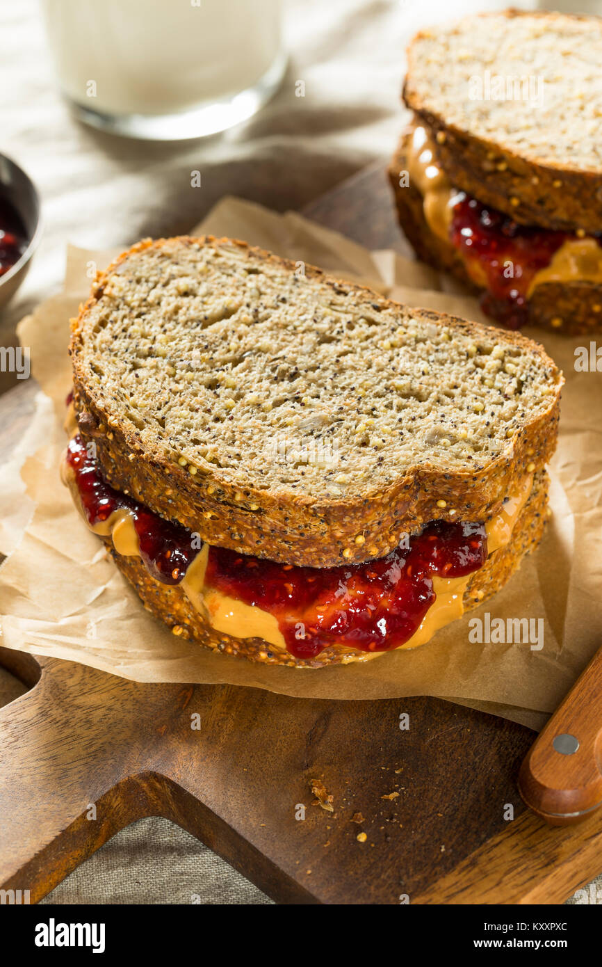 Sweet Homemade Gourmet Peanut Butter and Jelly Sandwich for Lunch Stock