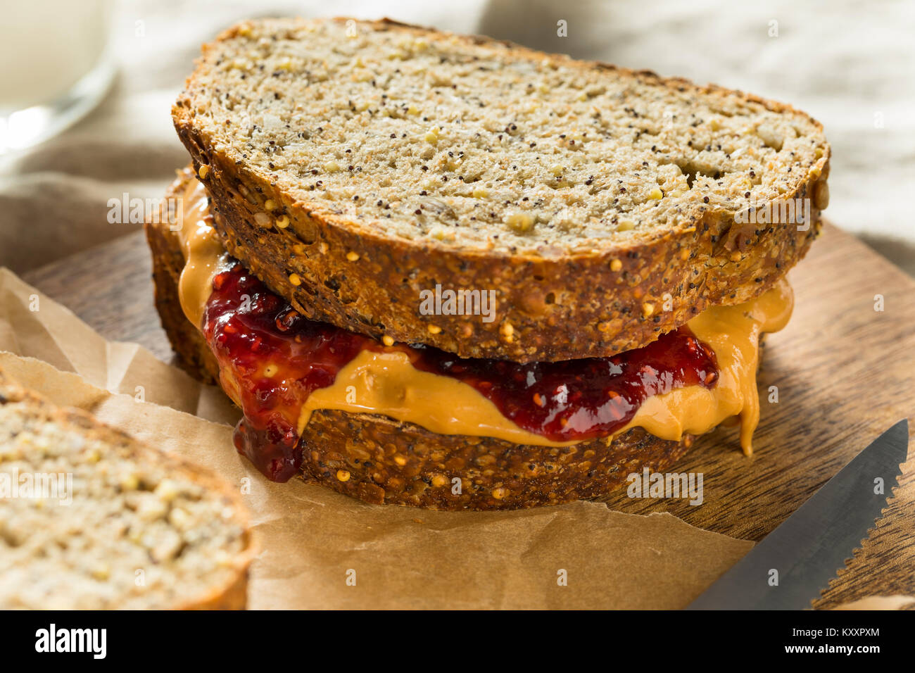 Sweet Homemade Gourmet Peanut Butter and Jelly Sandwich for Lunch Stock
