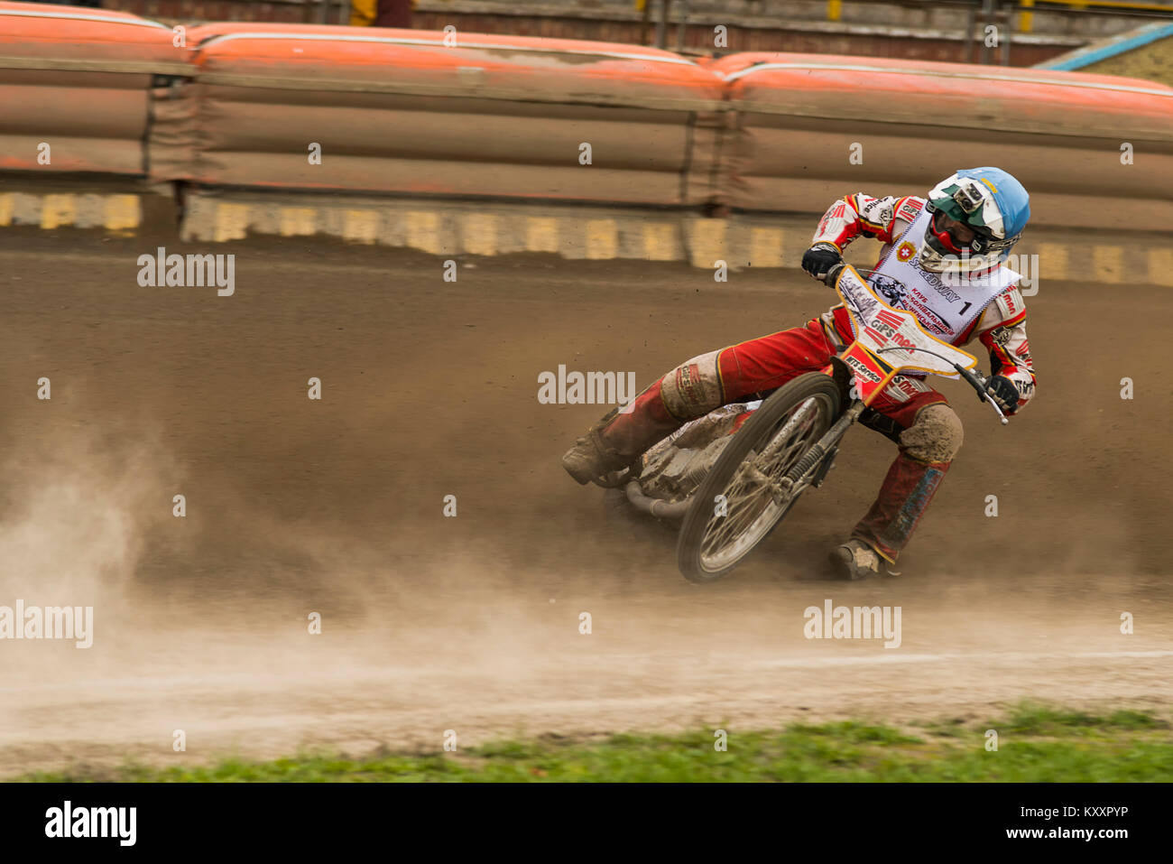 Rivne, Ukraine - 11 October 2015: Unknown rider overcomes the track at the Open Cup Speedway to the day of the city Rivne Stock Photo