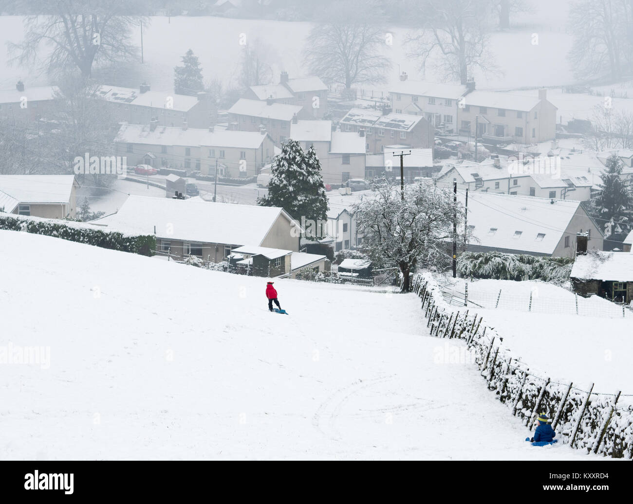 The first proper snow of the year, and the kids are out playing on sledges! Stock Photo