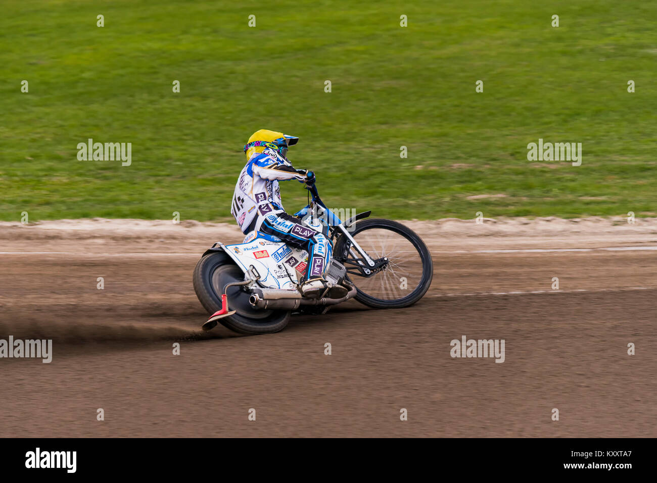 Rivne, Ukraine - 11 October 2015: Unknown rider overcomes the track at the Open Cup Speedway to the day of the city Rivne Stock Photo