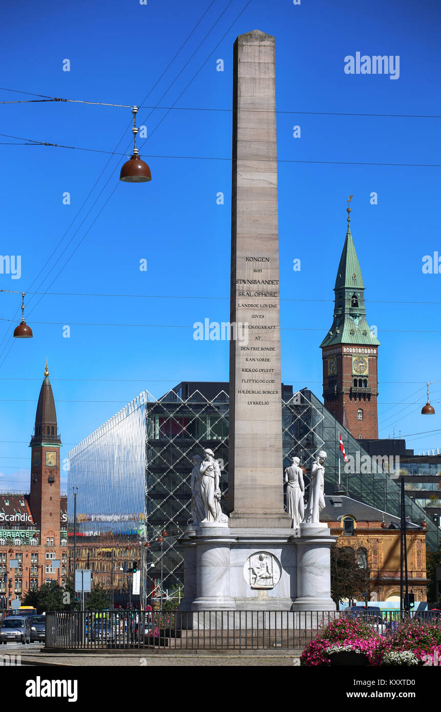 COPENHAGEN, DENMARK - AUGUST 16, 2016: The Liberty Memorial is placed on Vesterbrogade, and was erected in 1779. year in Copenhagen, Denmark on August Stock Photo