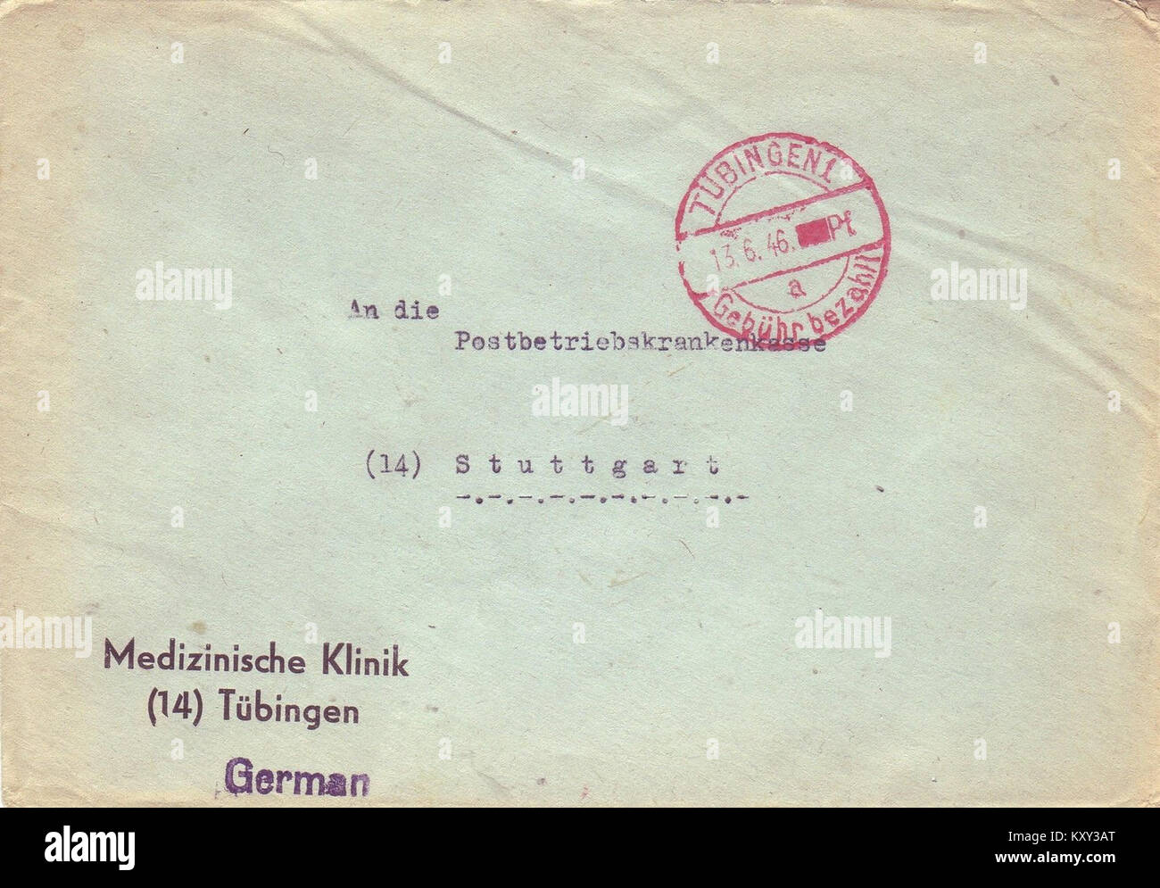 Gebühr bezahlt (Notmaßnahme) Brief aus Tübingen 13. Juni 1946 Stock Photo