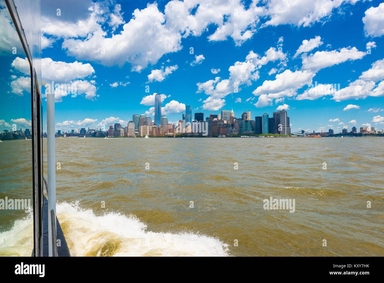 View on Manhattan, New York City, USA from Sailing Boat on the Hudson River Stock Photo