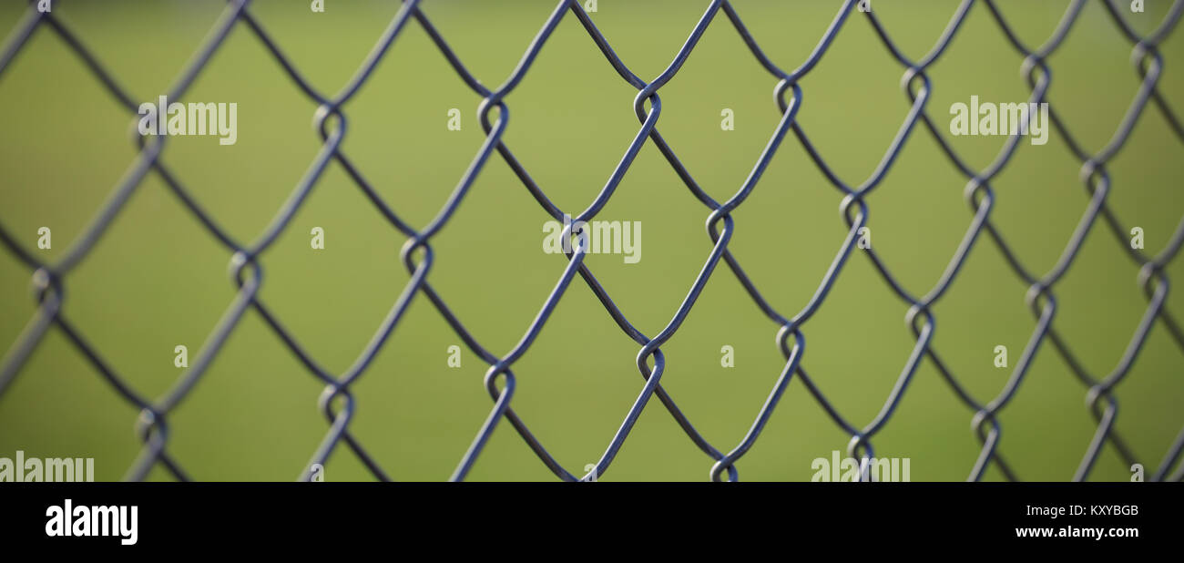 Wire mesh fence made of steel with green blurred background. Close up ...