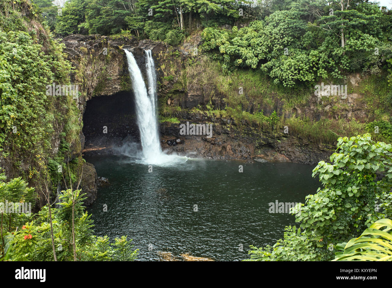 Hilo Hawaii beautiful Rainbow Falls. Rain forest environment and landscape. River and stream with waterfalls. Beautiful green landscape and nature. Stock Photo