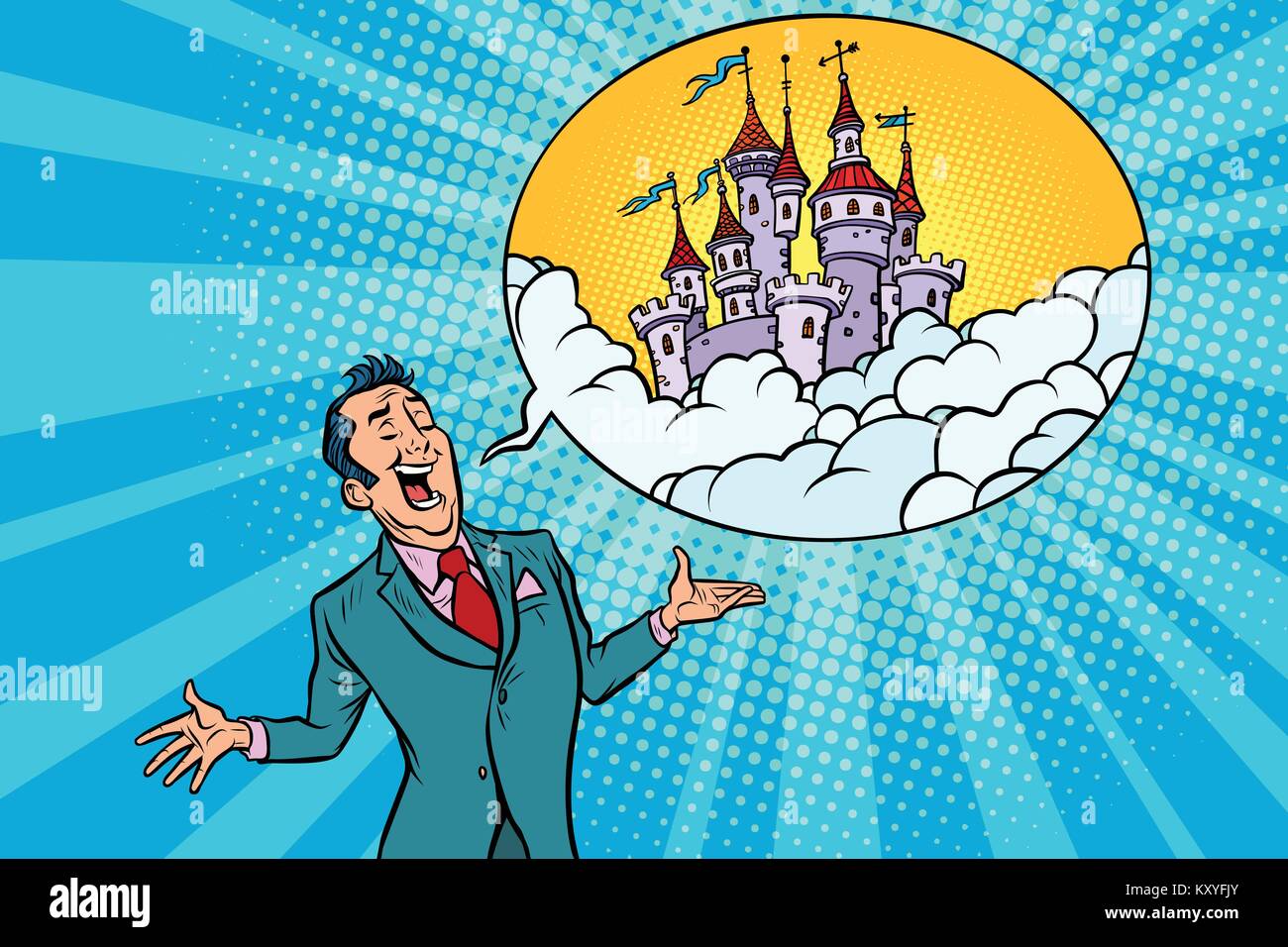 Confident businessman offers a fabulous castle in the sky. Comic book cartoon pop art retro illustration Stock Vector