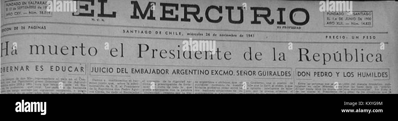 Ha muerto el Presidente de la República (Pedro Aguirre Cerda), El Mercurio Stock Photo