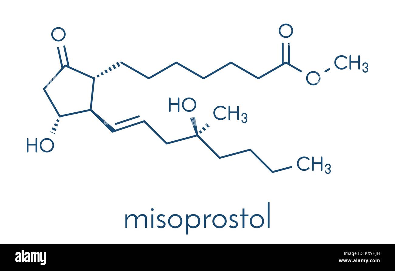 Misoprostol abortion inducing drug molecule. Prostaglandin E1 (PGE1) analogue also used to treat missed miscarriage, induce labor, etc. Skeletal formu Stock Vector