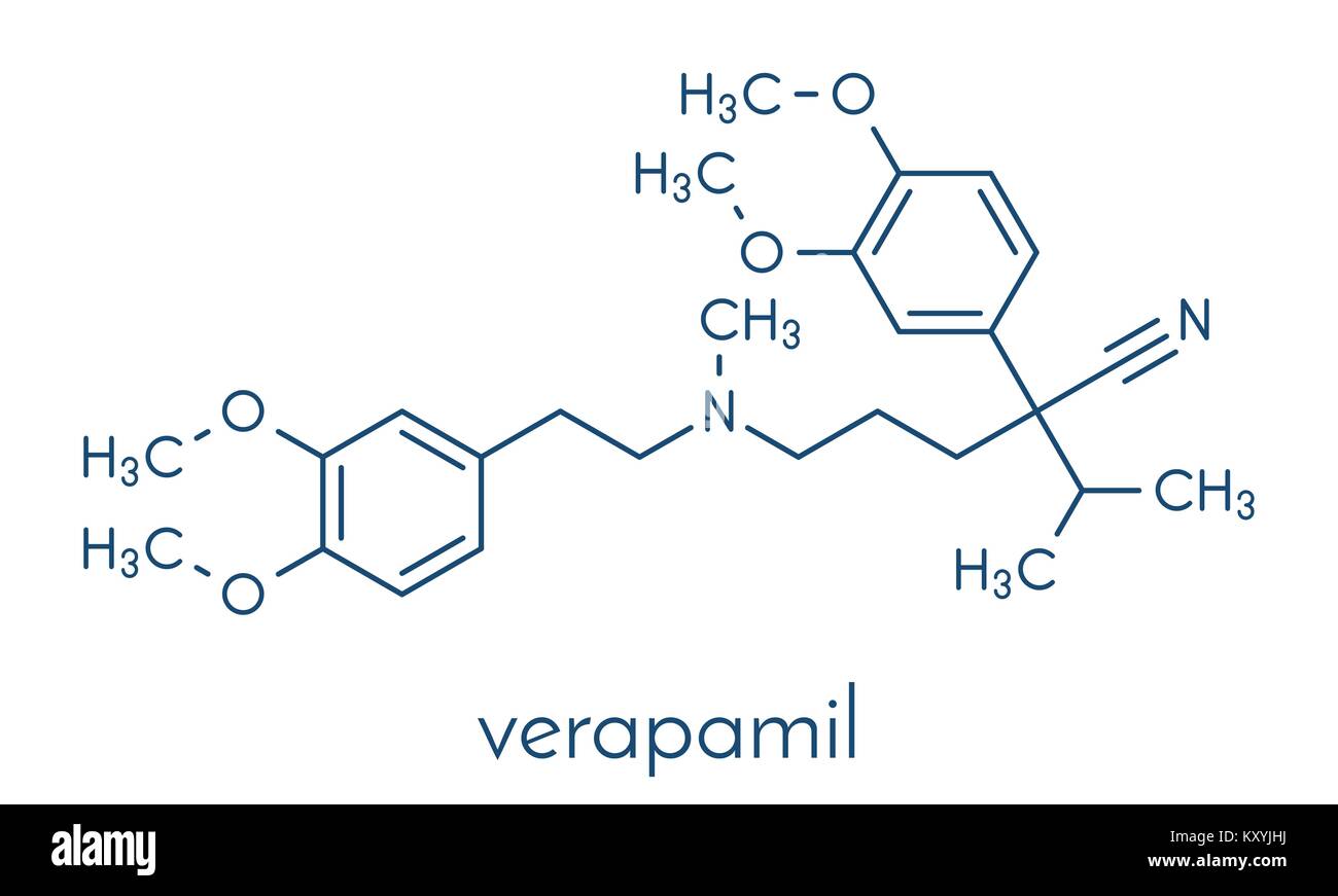 Verapamil calcium channel blocker drug. Mainly used in treatment of hypertension (high blood pressure) and cardiac arrhythmia (irregular heartbeat). S Stock Vector