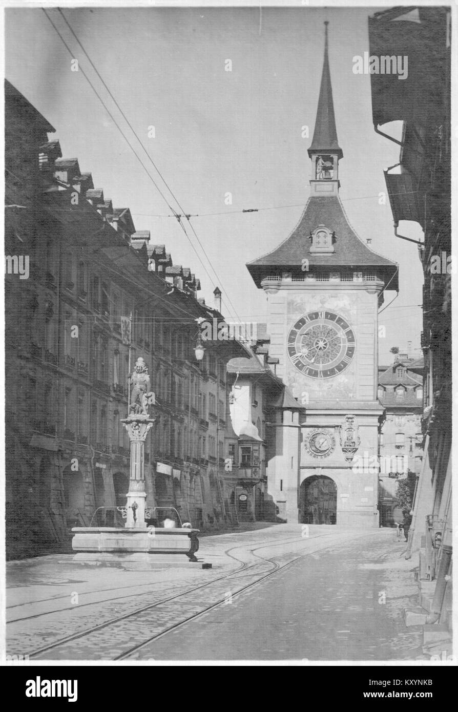 This image shows a view of the Zytglogge, a historical clock tower in Bern, Switzerland, which is a notable landmark and a symbol of Swiss engineering and medieval architecture. Stock Photo