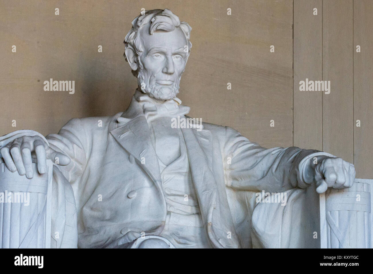 Medium close up of the statue of Abraham Lincoln in the Lincoln Memorial, Washington, DC. Daniel Chester French, sculptor. Stock Photo