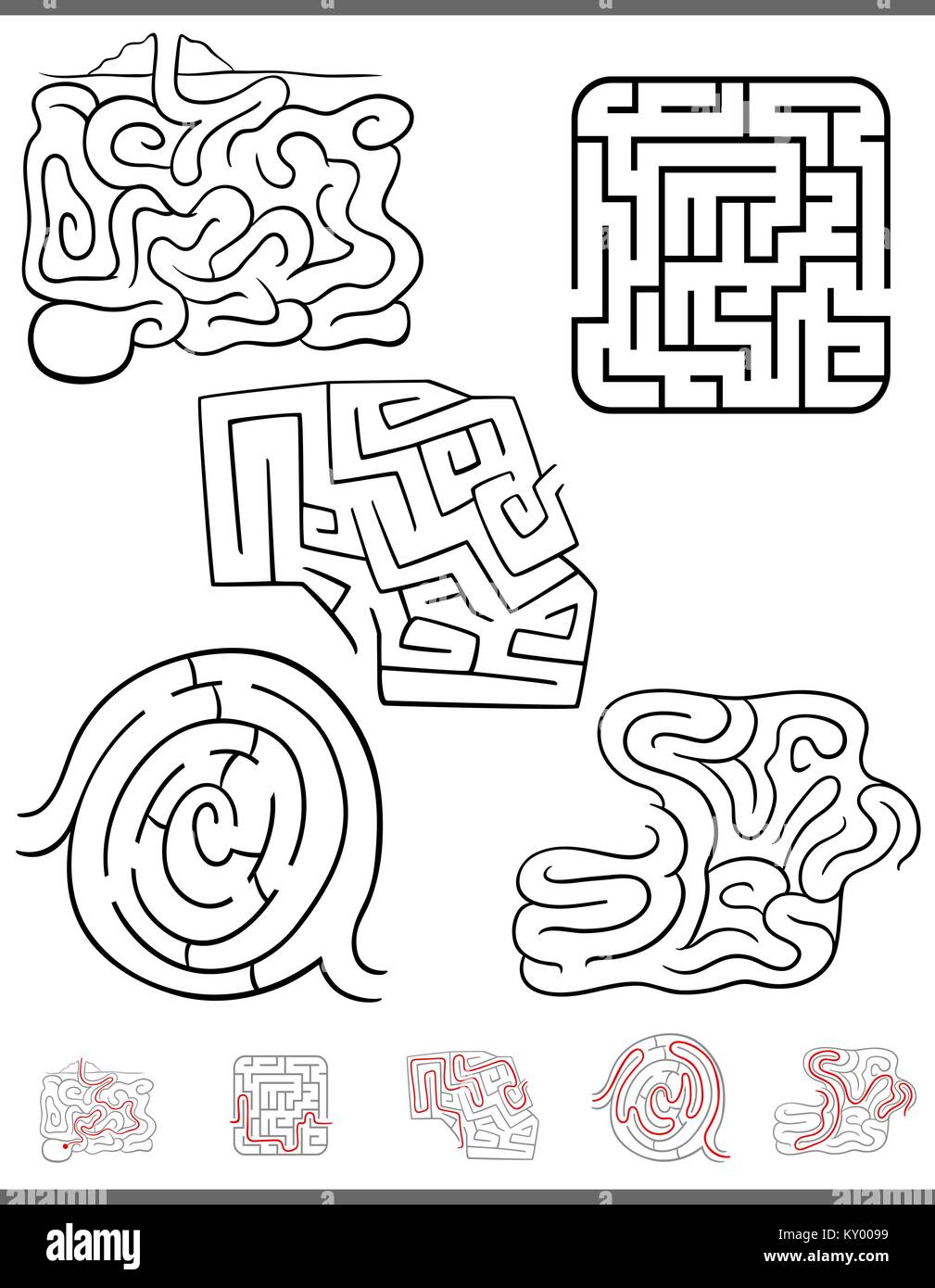 Illustration of Black and White Mazes or Labyrinths Activity Games Set with Solutions Stock