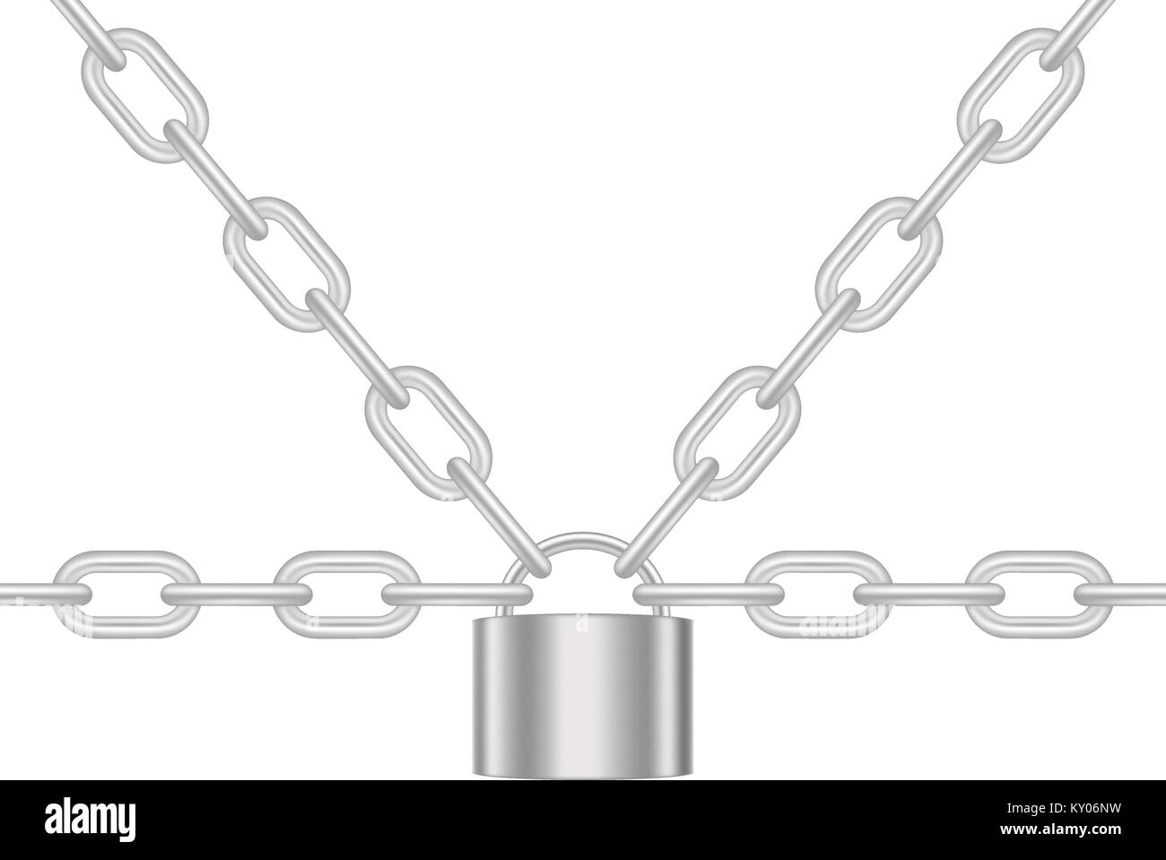 Chains locked by padlock in silver design on white background Stock ...