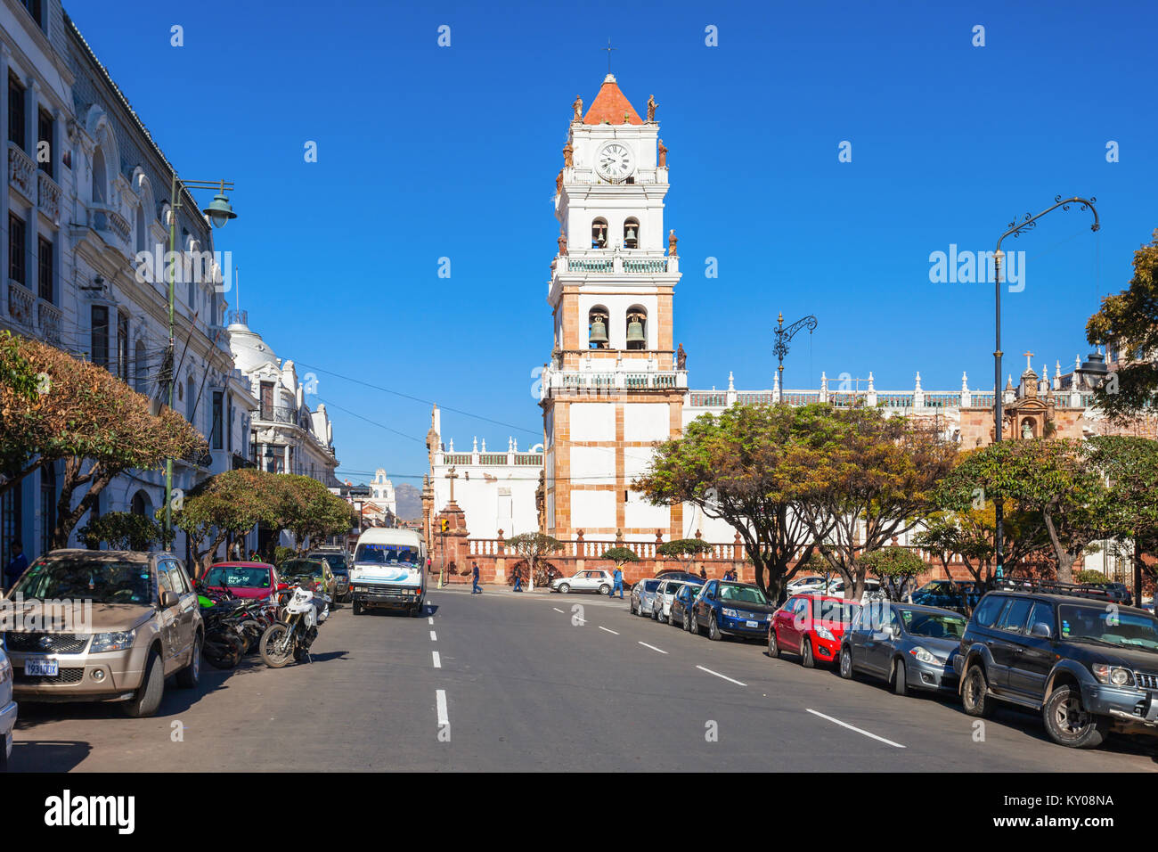 SUCRE, BOLIVIA - MAY 22, 2015: Sucre Cathedral (The Metropolitan Cathedral of Sucre) is located on Plaza 25 de Mayo square in Sucre, Bolivia. Stock Photo