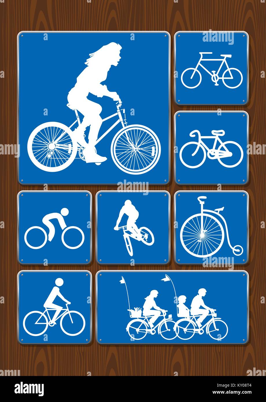 Outdoor activity icons set: woman on bicycle, cycling, family on walk ...