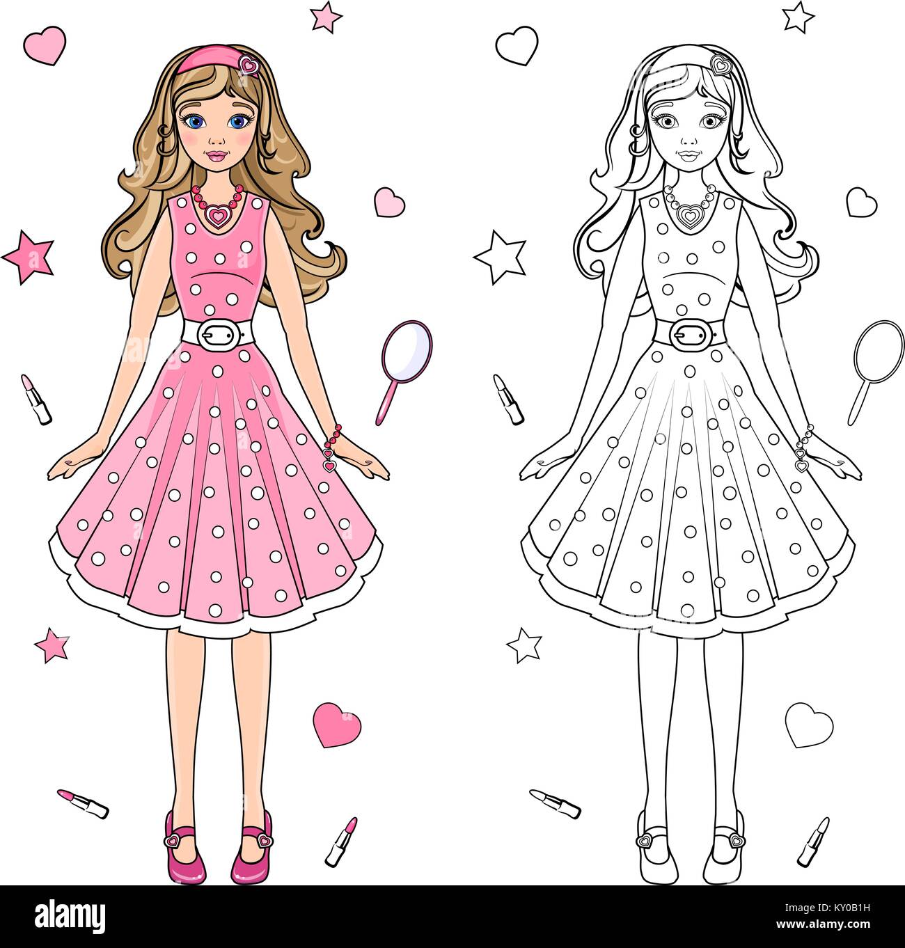 coloring book doll in a pink dress Stock Vector