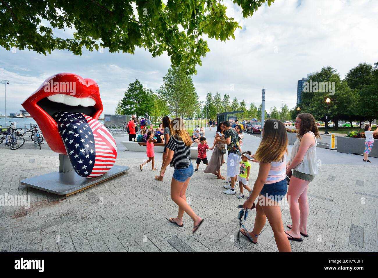 Chicago, IL - July 15, 2017: The Rolling Stones famous tongue and lips at Navy Pier of Chicago. Rolling Stones ExhibitionismÕs first ever major exhibi Stock Photo