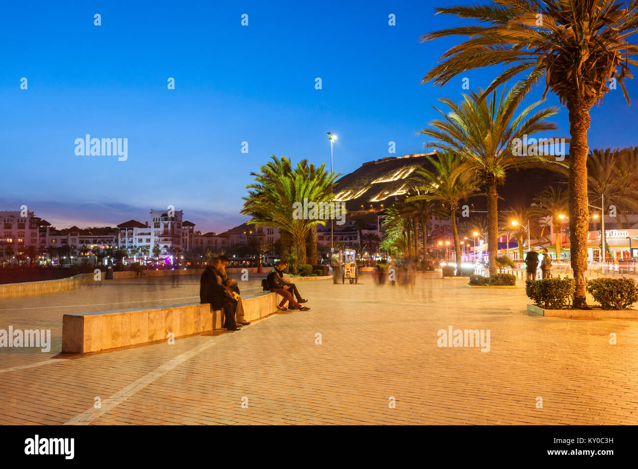 AGADIR, MOROCCO - FEBRUARY 20, 2016: Agadir seafront promenade at the  night, Morocco. Agadir is a major city in Morocco located on the shore of  Atlant Stock Photo - Alamy