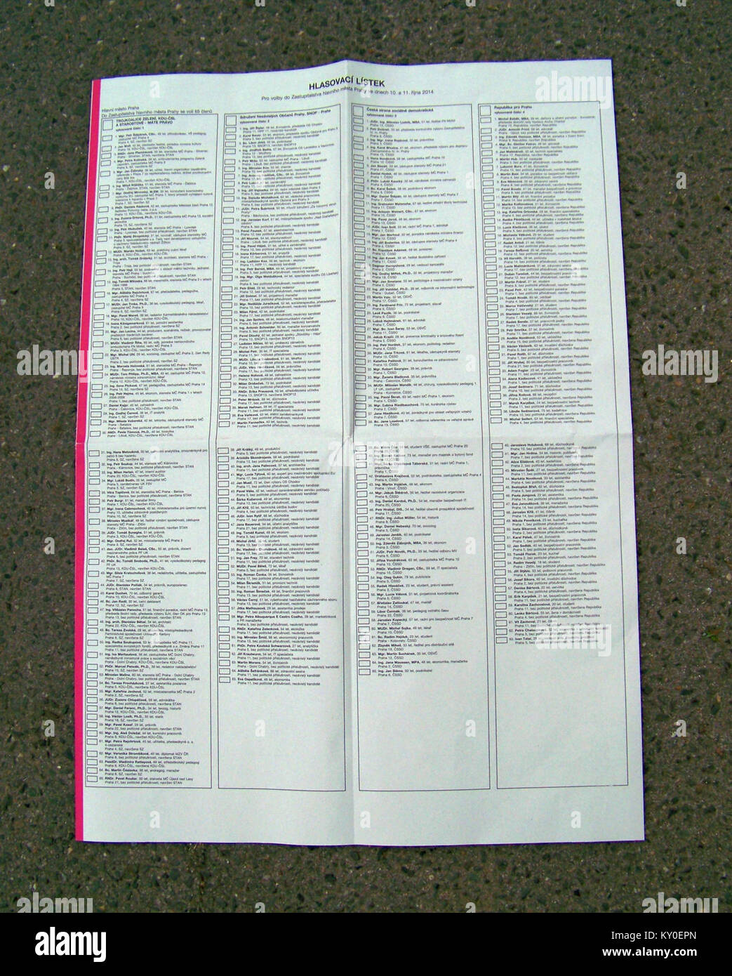 Hlasovací lístek, komunální volby 2014, Praha (01) Stock Photo