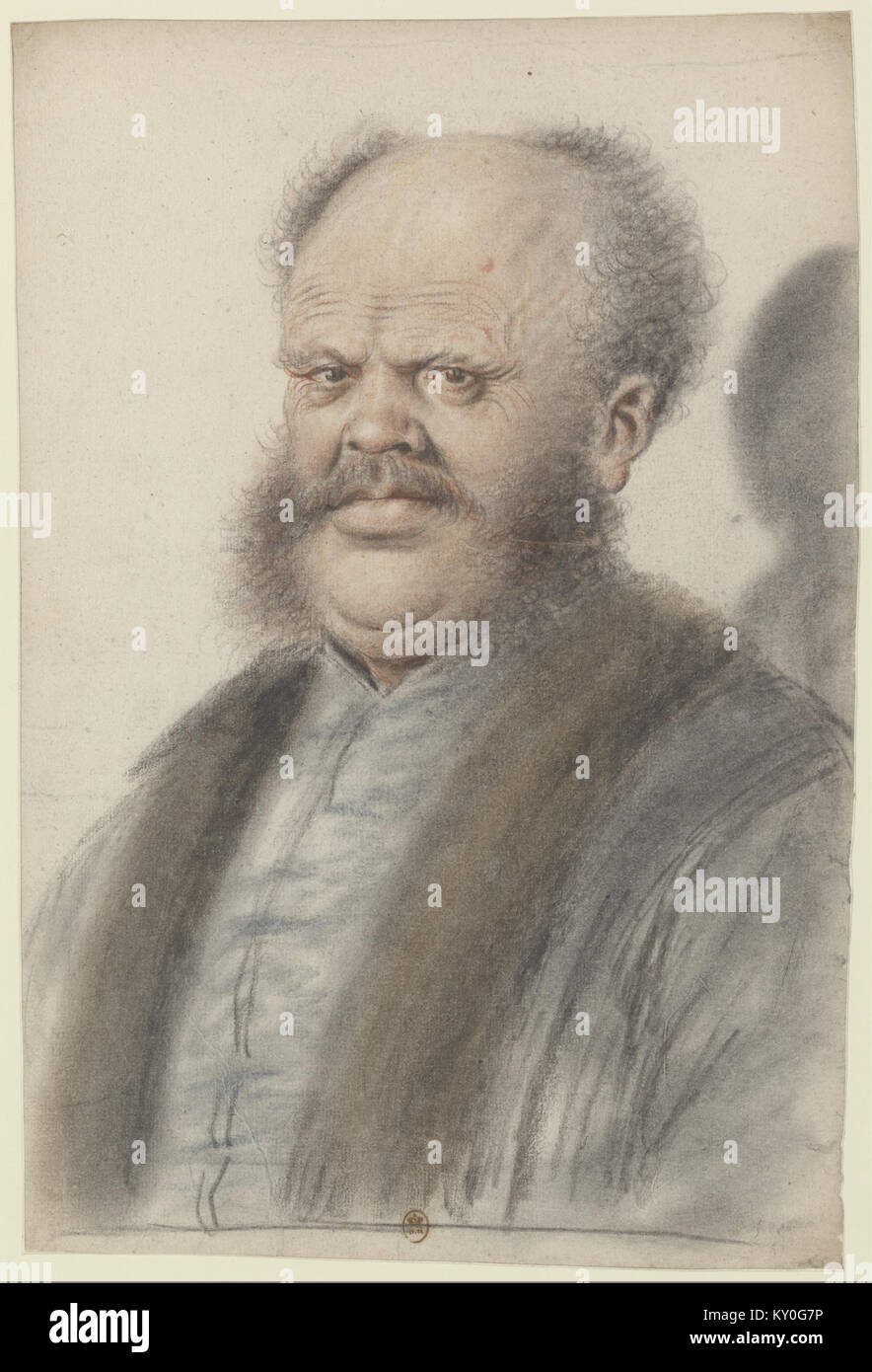 Homme au crâne dégarni, portant moustaches et larges pattes de cheveux descendant sur les joues, vu presque de face (Nicolas Lagneau) Stock Photo