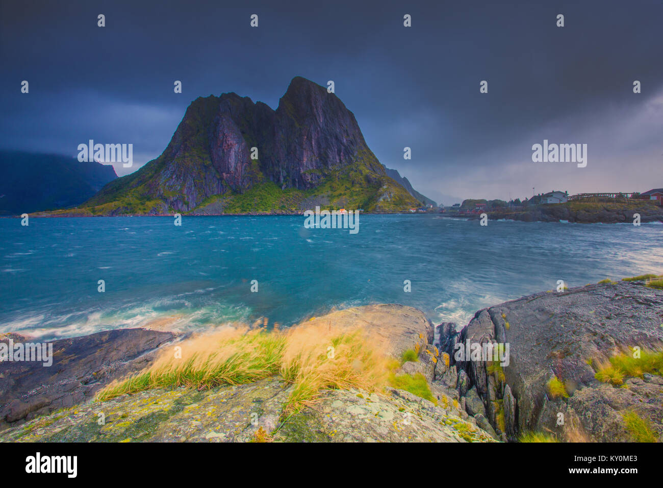 Storm on Lofoten islands. Strong wind blowing at north sea. Stock Photo